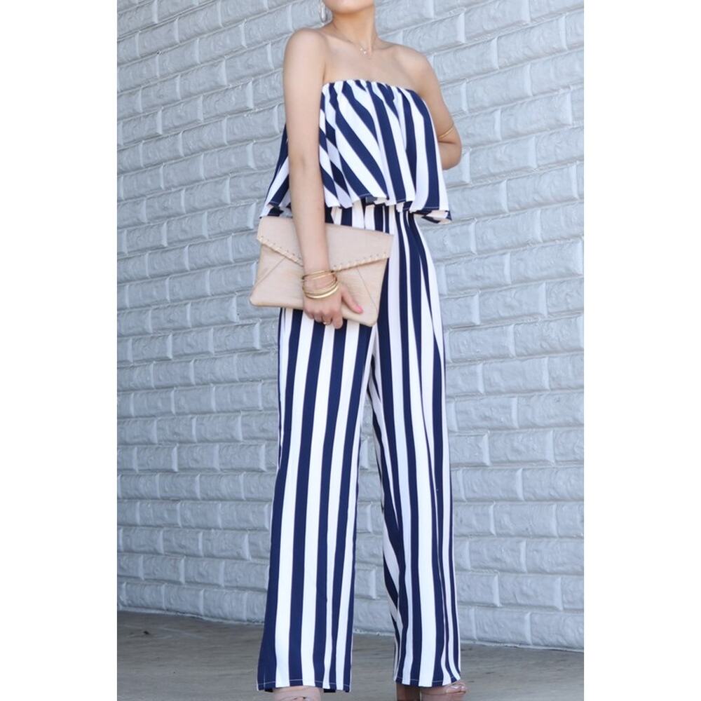 Striped sleeveless jumpsuit-Navy (S)
